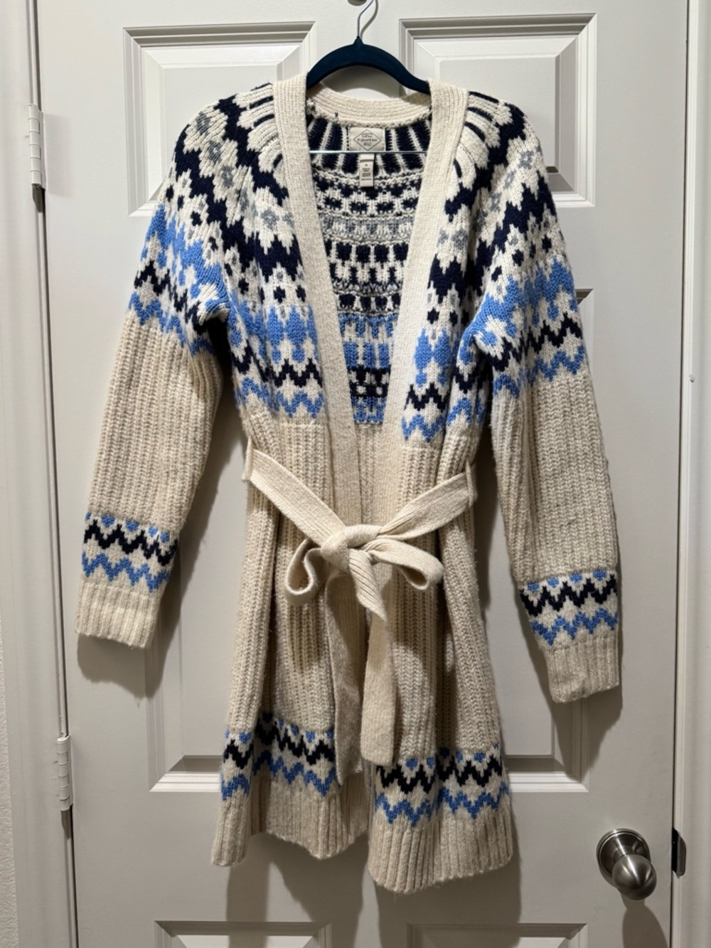 Cream Fair Isle Knit Belted Cardigan Sweater by St. John’s Bay